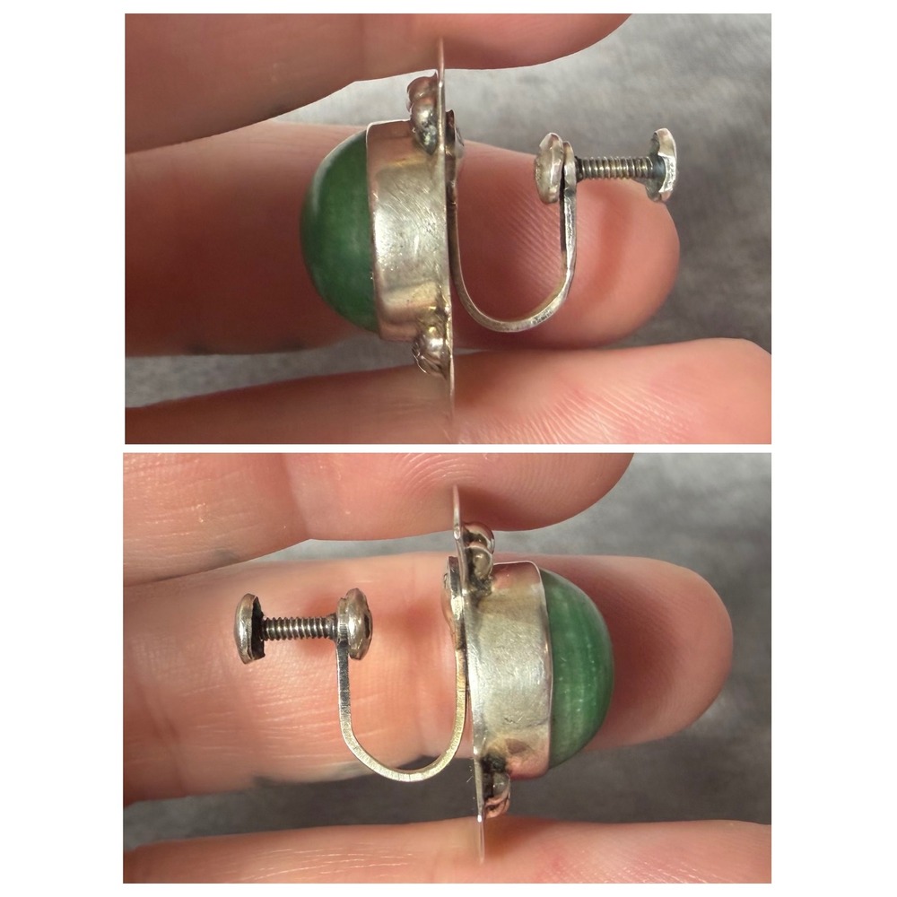 Vtg Mexico Silver Green Stone Cabochon Screw Back Earrings Mid Century Deco 11g - Picture 3 of 11